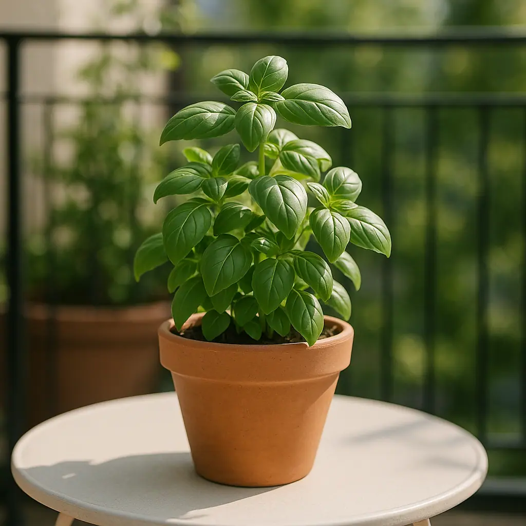 A healthy basil plant growing in a terra-cotta pot on a small sunny patio table