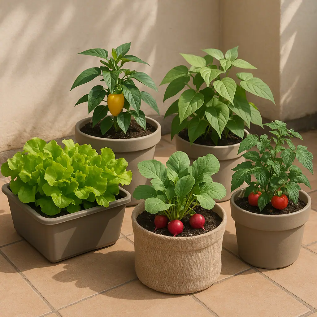 Compact vegetables growing in several clean containers on a small sunny patio