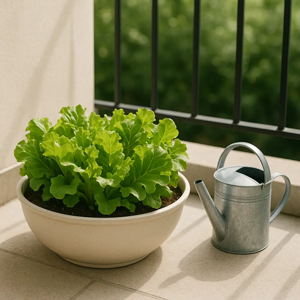 A shallow bowl planter filled with loose leaf lettuce on a small bright patio