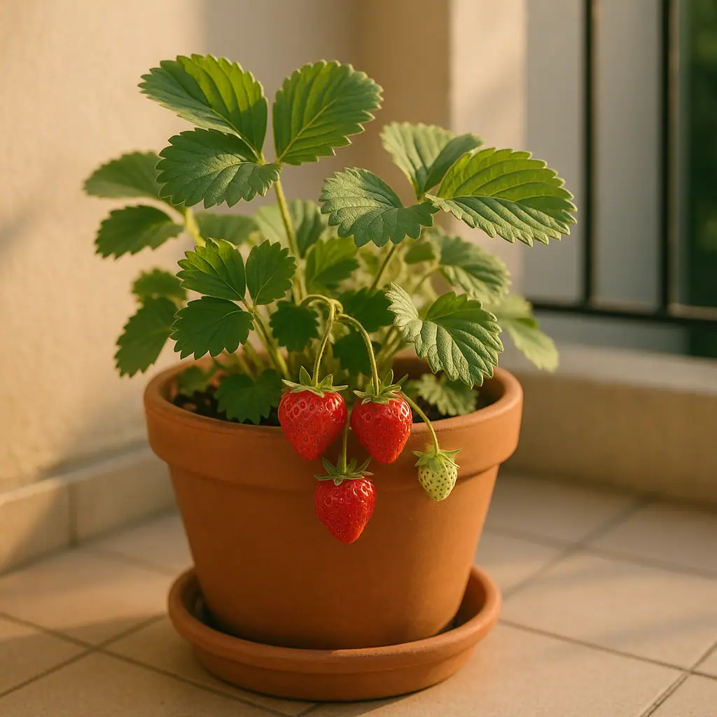 A clean patio container planted with strawberry plants in warm sunlight