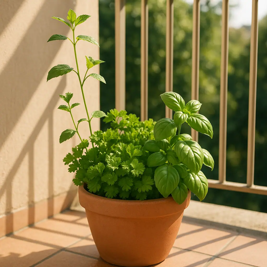 A tidy patio container of herbs with some tall stems being trimmed back in warm light