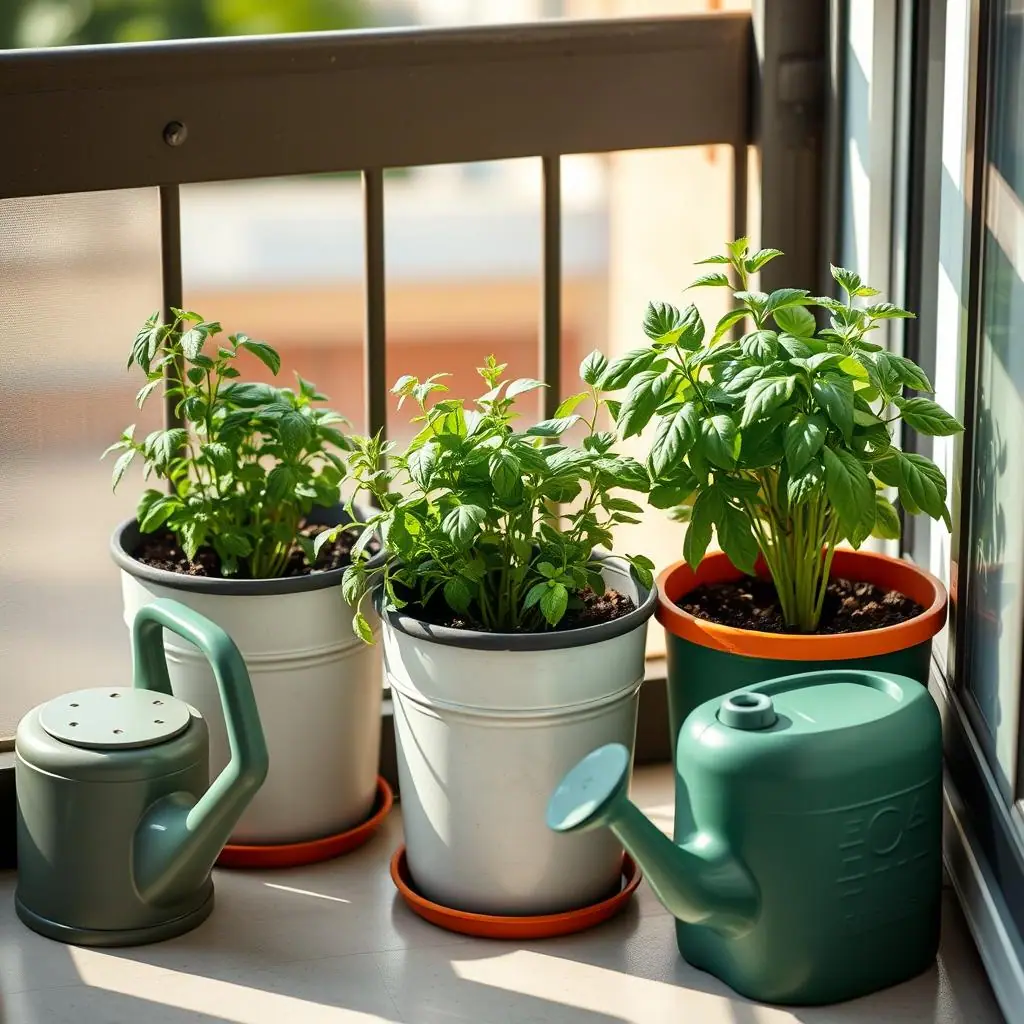 Small apartment patio garden with three containers and healthy green plants