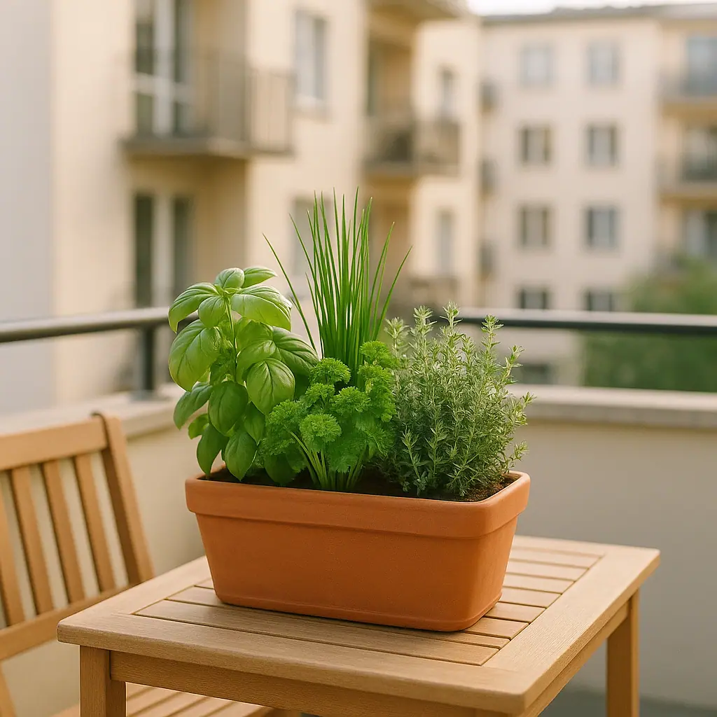 A tidy patio pot with basil, parsley, chives, thyme, and oregano arranged on a small outdoor table
