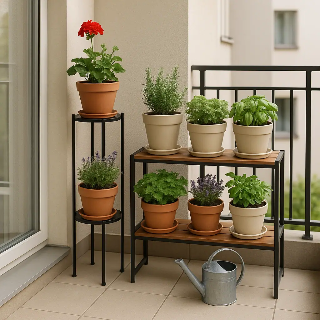 Illustration of a small balcony with freestanding plant stands, pots, saucers, and a watering can
