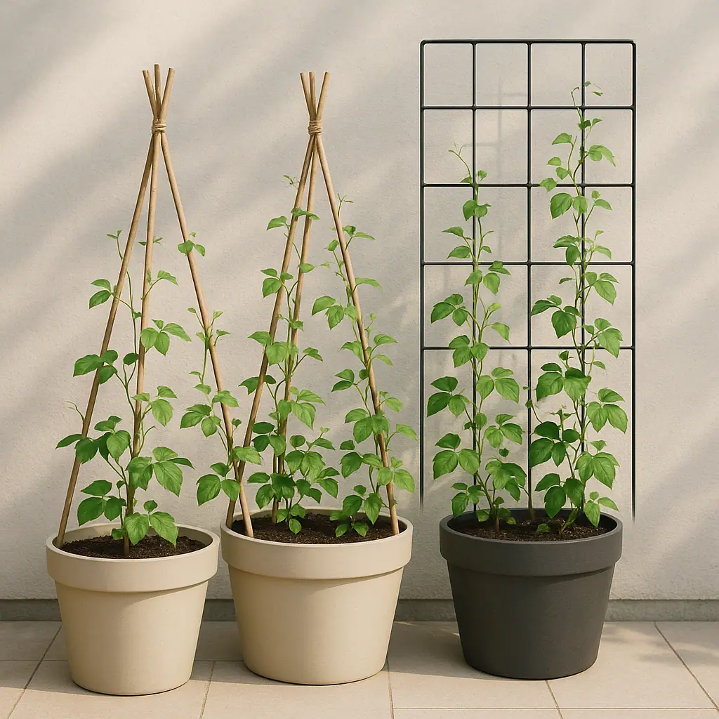 Editorial illustration of patio containers with freestanding bamboo and wire trellises supporting climbing plants