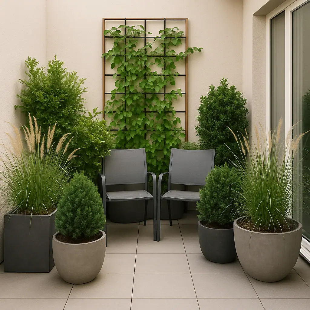 Editorial illustration of potted plants arranged as a patio privacy screen beside outdoor chairs