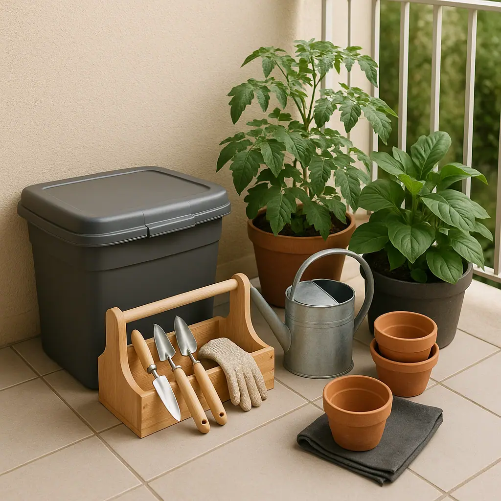 Editorial illustration of a tidy small patio corner with garden tools, sealed soil bin, pots, and compact storage bench