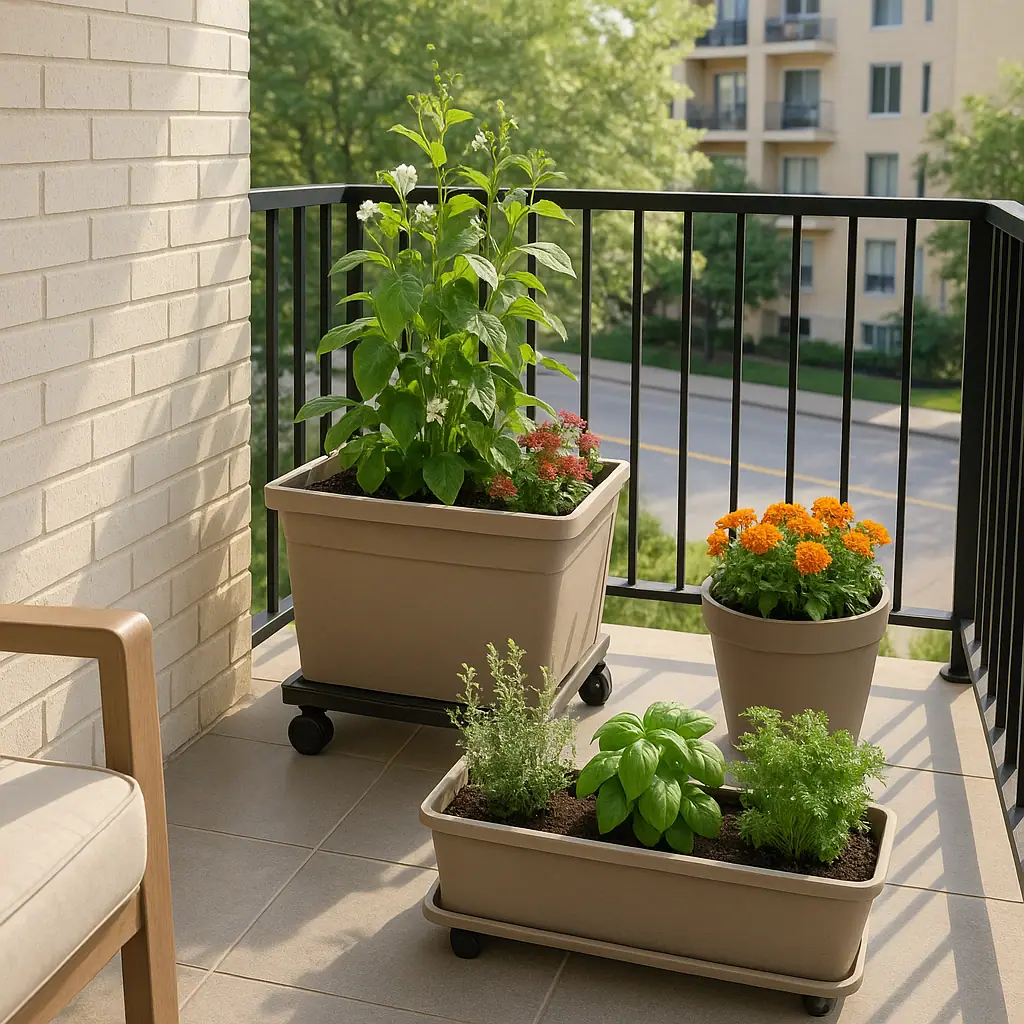 Editorial illustration of a movable balcony garden with lightweight pots, rolling plant caddy, herbs, flowers, and a clear walkway