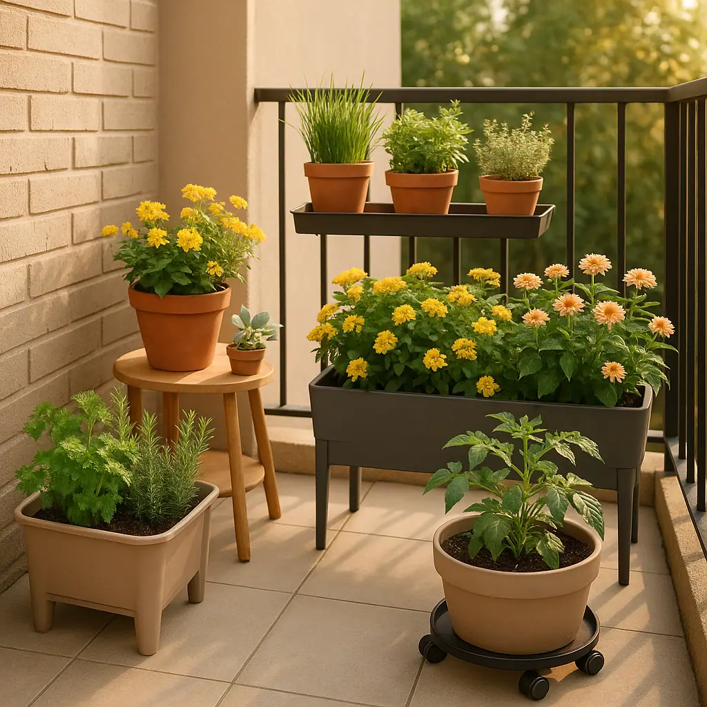 Editorial illustration of a renter-friendly patio garden with freestanding planters, lightweight pots, herbs, flowers, and no drilled hardware
