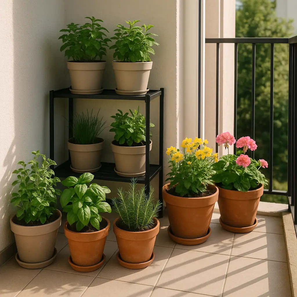 Clean editorial illustration of a small balcony split between bright sun and softer partial sun with container plants arranged by light level