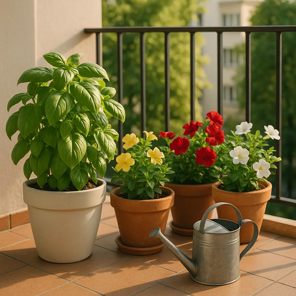 Clean editorial illustration of summer patio containers with herbs and flowers, a watering can nearby, and warm sunlight without text