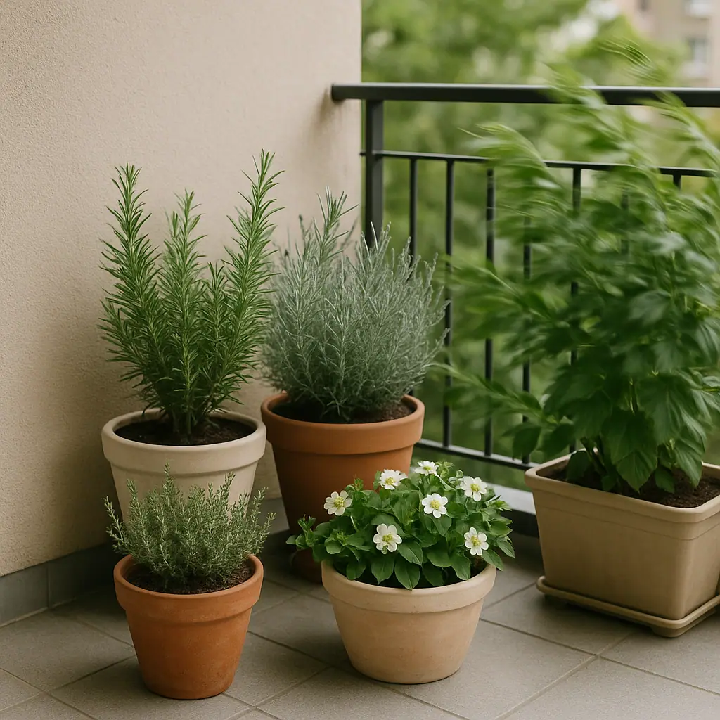 Clean editorial illustration of sturdy containers grouped on a breezy apartment balcony with herbs and flowers protected from wind, no text