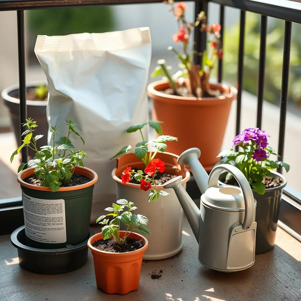 Beginner patio garden with containers, potting mix, watering can, and healthy plants