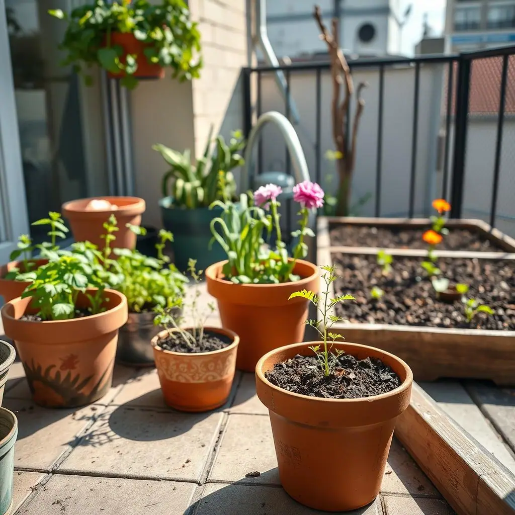 Clean editorial illustration of patio containers in warm sun beside a garden bed showing dry potting mix and healthy plants, no text