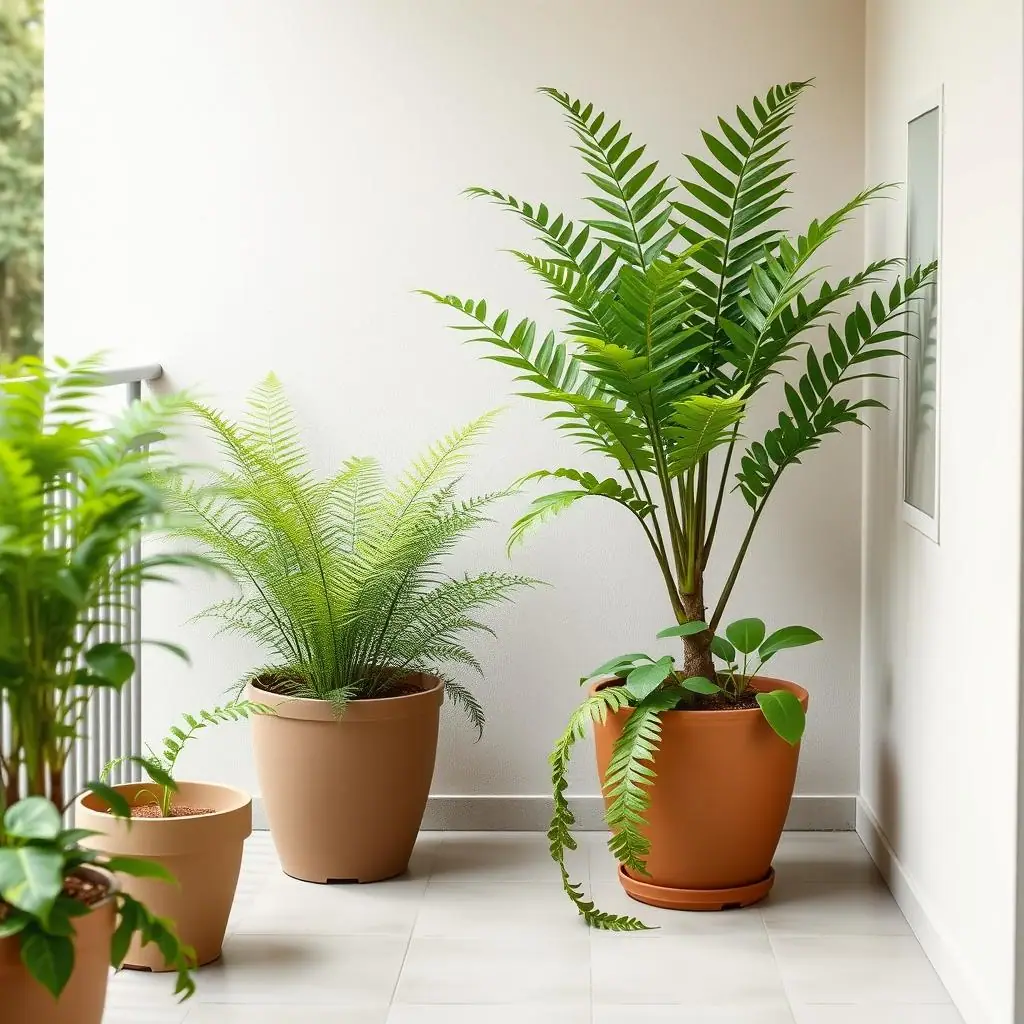 Clean editorial illustration of shade-loving container plants on a small patio with ferns, begonias, and leafy pots, no text