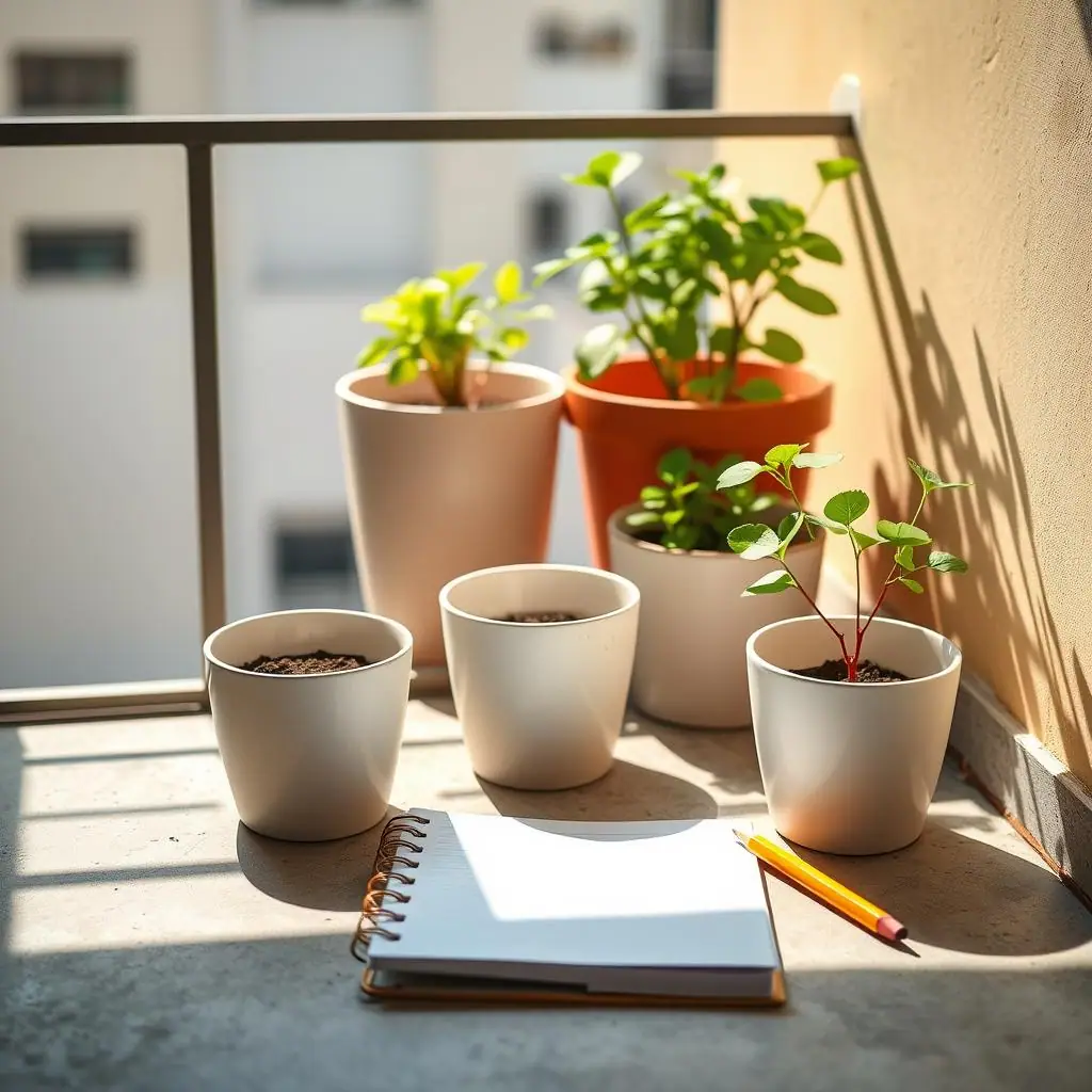 Editorial illustration of a small patio with empty containers and clear sun and shade patches before planting, no text