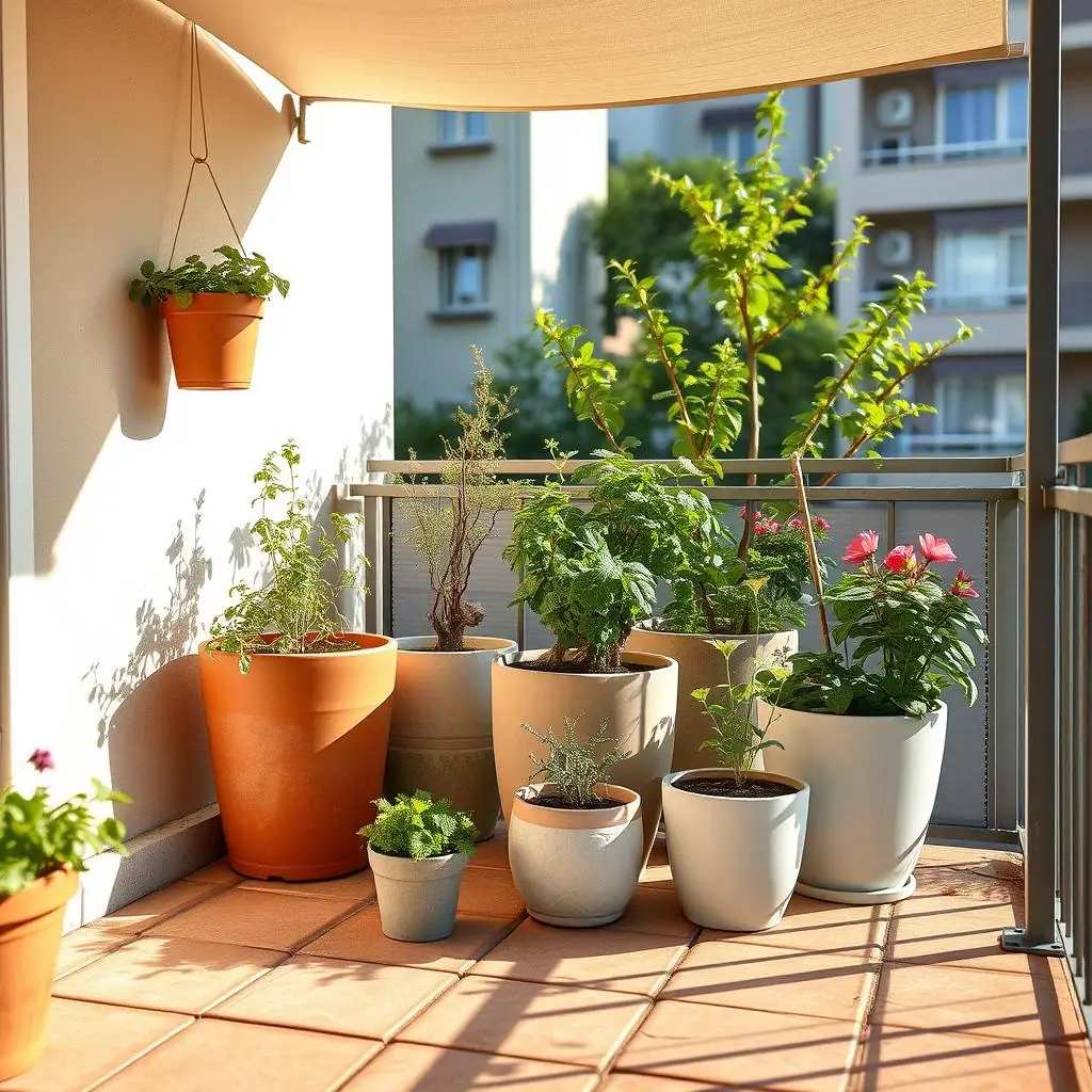 Editorial illustration of container plants on a sunny patio with shaded pots and warm reflective paving, no text