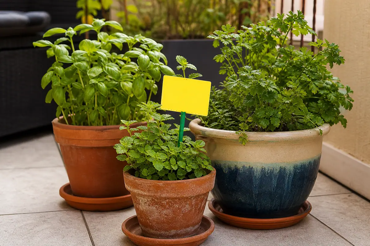 Clean editorial illustration of outdoor patio pots with dry top soil, drainage saucers, and small yellow sticky cards nearby