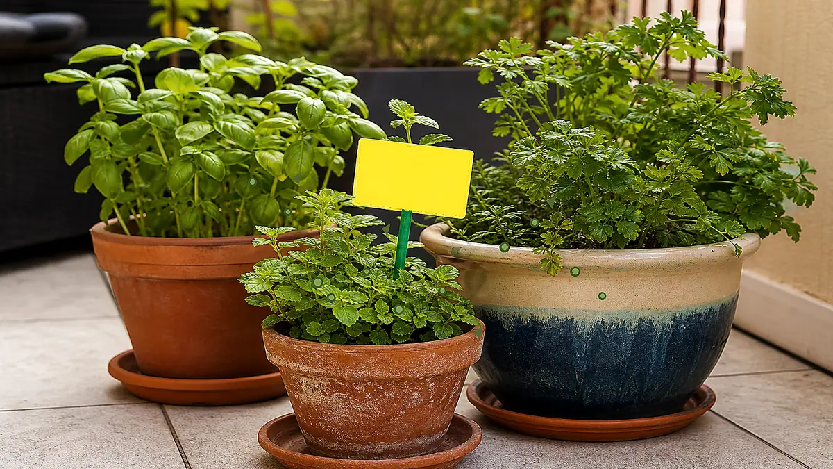 Clean editorial illustration of balcony container plants with a close-up of leaves showing small chew marks and a hand lens nearby