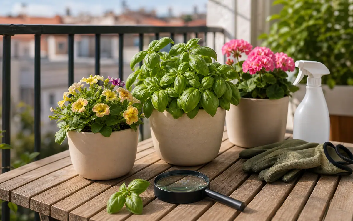 Clean editorial illustration of patio containers, inspected leaves, gloves, and a plain unbranded spray bottle set aside