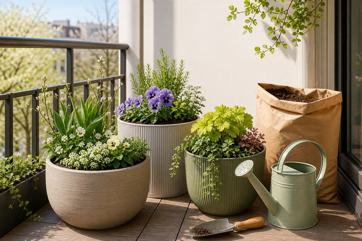 Editorial illustration of a tidy spring balcony container garden with starter pots, seedlings, watering can, and trowel