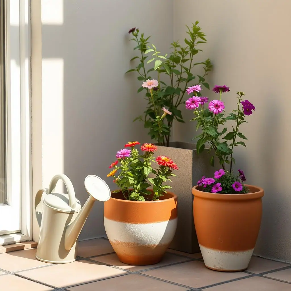 Editorial illustration of heat-tolerant summer patio planters with colorful flowers and herbs in a bright small outdoor space